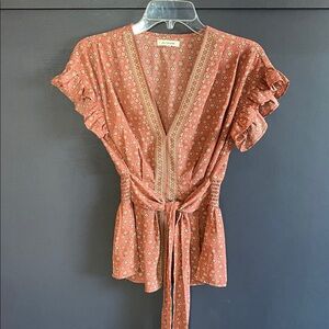 Max Studio Rust Floral Ruffle Blouse
